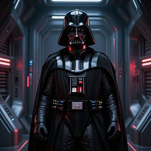 Photograph-like digital image of Darth Vader in his iconic black armor, standing in a futuristic, dimly-lit corridor with blue and red neon lights