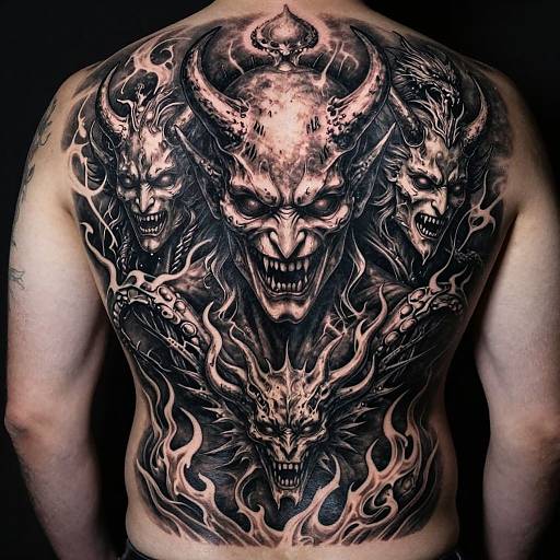 Photograph of a muscular, shirtless man with a detailed, black and grey, full-back tattoo of a demonic face with three snarling skulls