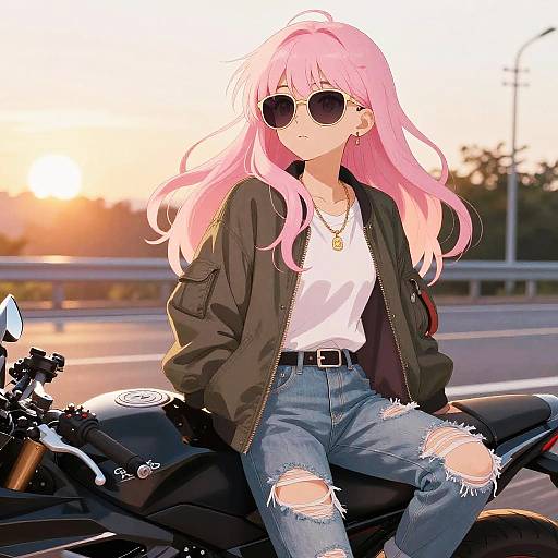 Anime-style digital drawing of a pink-haired girl with sunglasses, wearing a black jacket, white shirt, ripped jeans, and gold necklace, sitting on a