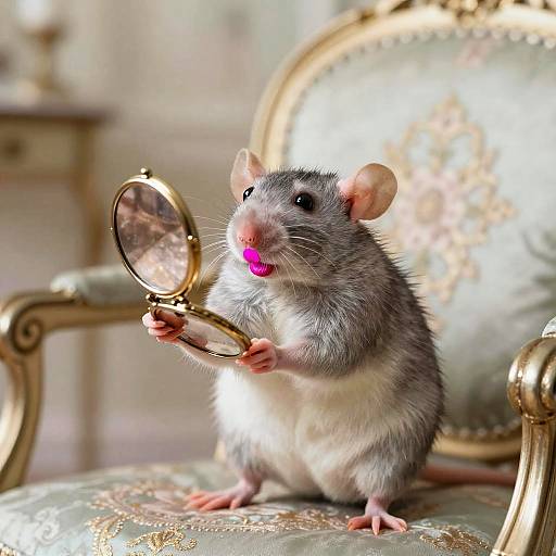 Photograph of a gray and white mouse holding a small, gold-framed mirror with a pink lipstick mark on its nose, standing on an ornate