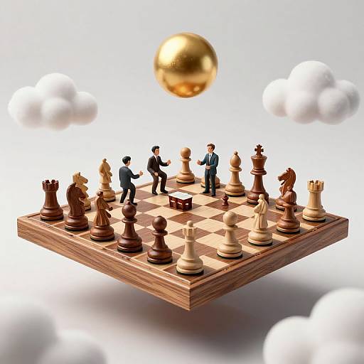 Photograph of a floating wooden chessboard with wooden and white pieces, two miniature men in suits, and a gold sphere above, against a white cloudy