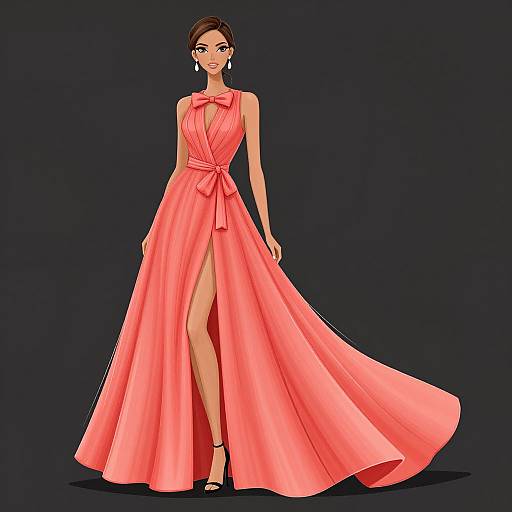 Digital illustration of a slender woman with fair skin, dark brown hair in an updo, wearing a sleeveless, pink, floor-length gown with a