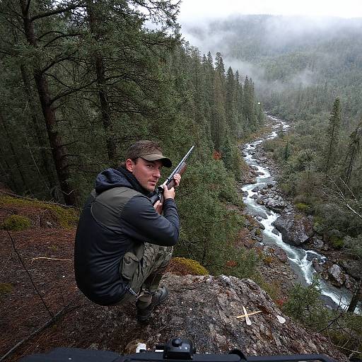 Hunter Tracking Prey Through Wilderness