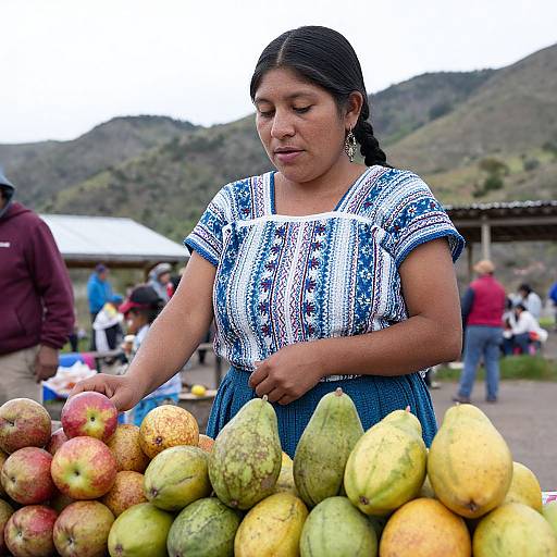 Photograph of a Latina woman with dark hair in a blue and white patterned top, selling pears and apples at an outdoor market with mountainous