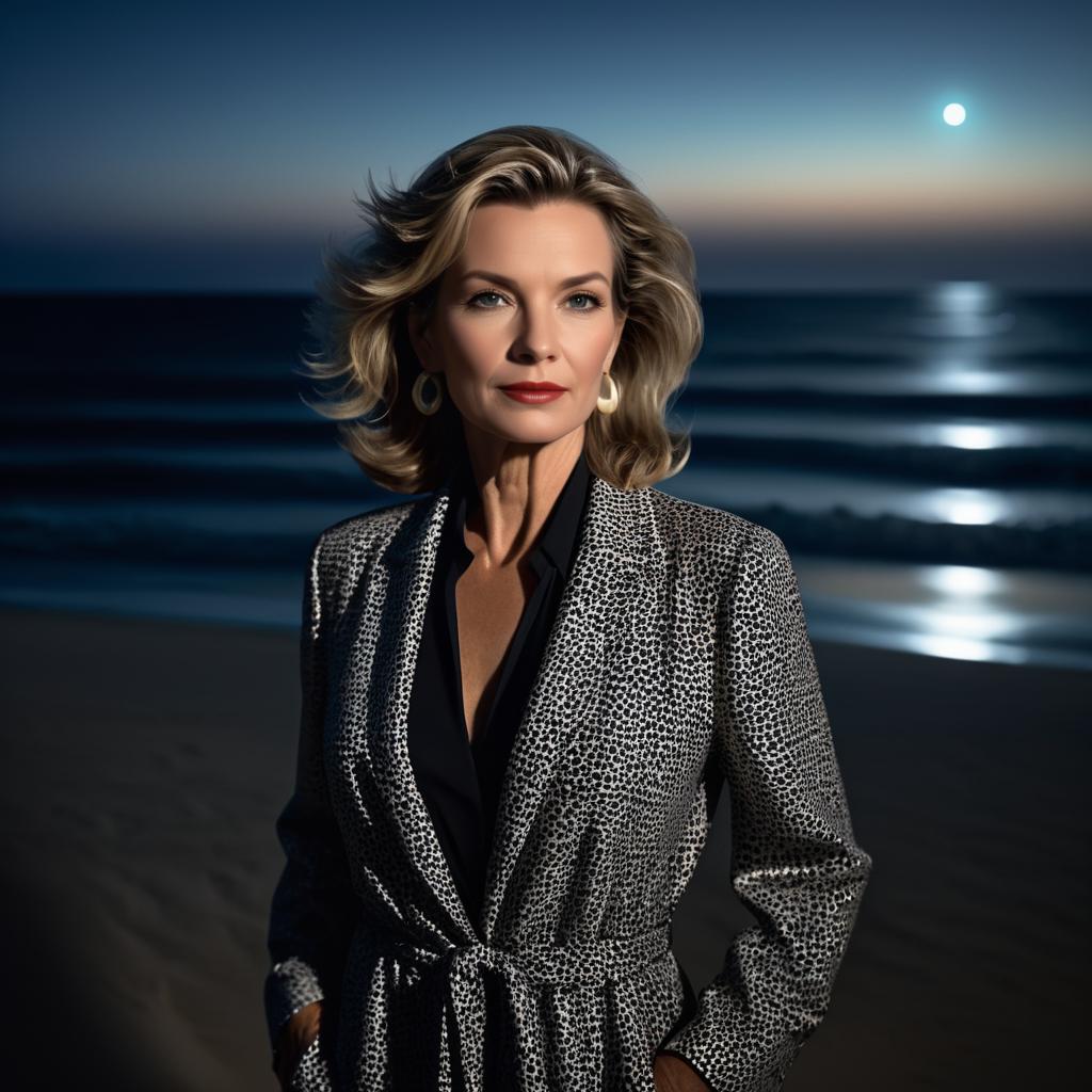 Stylish Woman at a Starry Beach Night