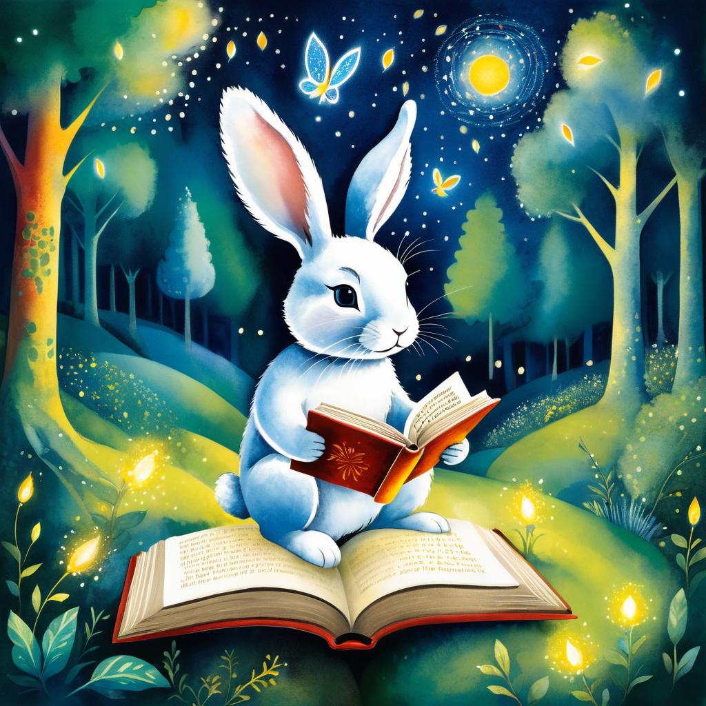 Whimsical Rabbit Reading in Enchanted Forest