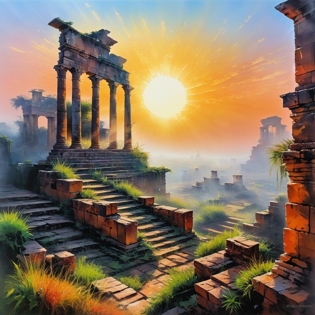 Ancient Ruins Rising in Misty Sunrise