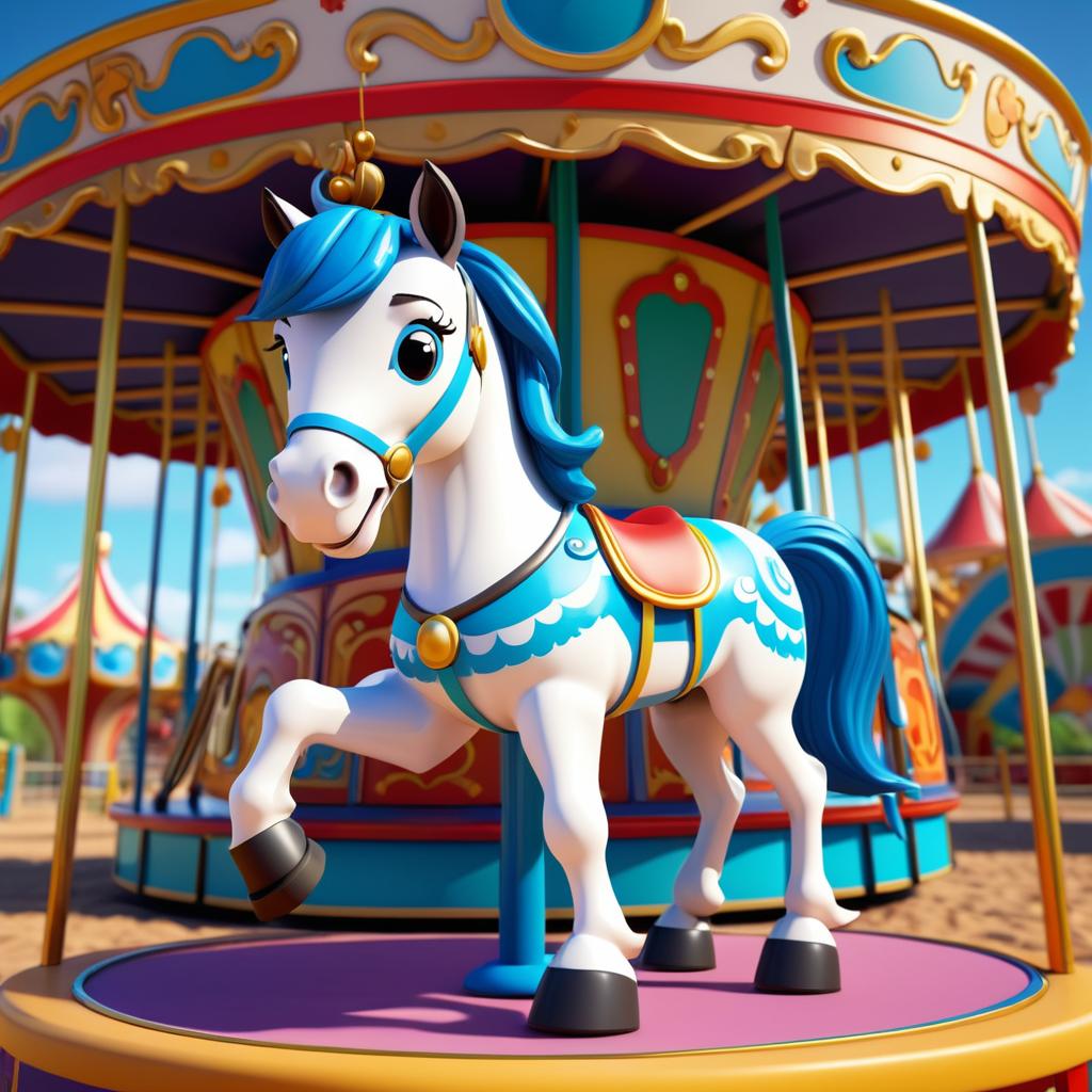 Joyful Cartoon Horse on Merry-Go-Round