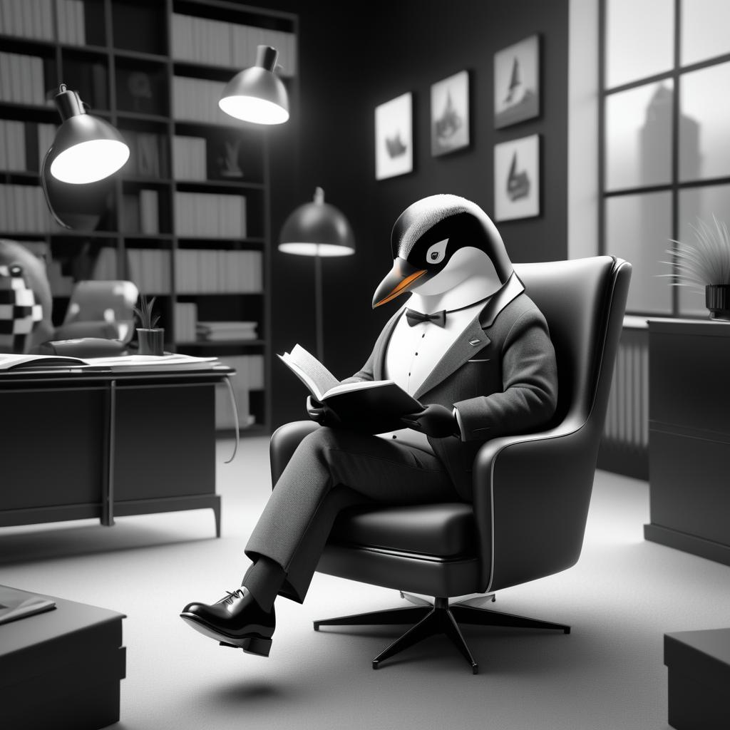 Monochrome Penguin Reading in Office Chair