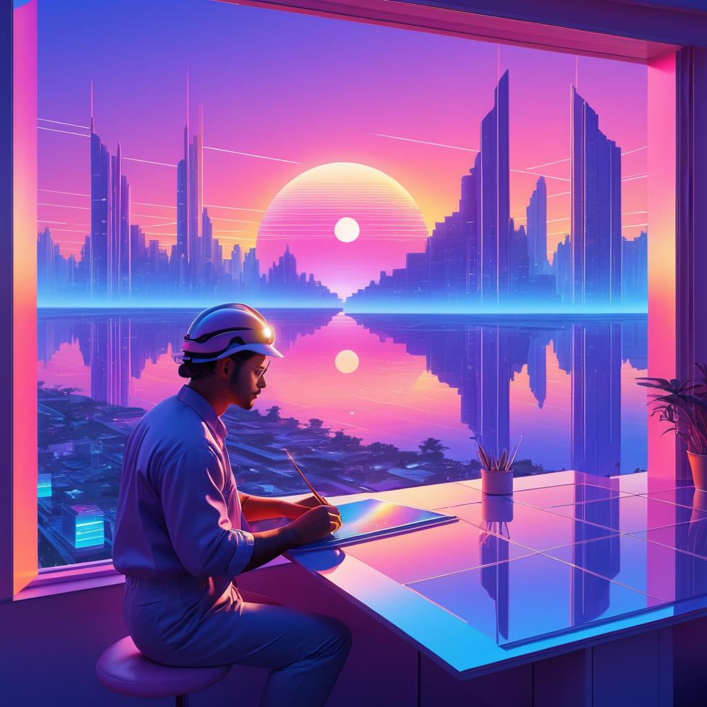 Dreamy Retro-Futuristic Sunset Landscape