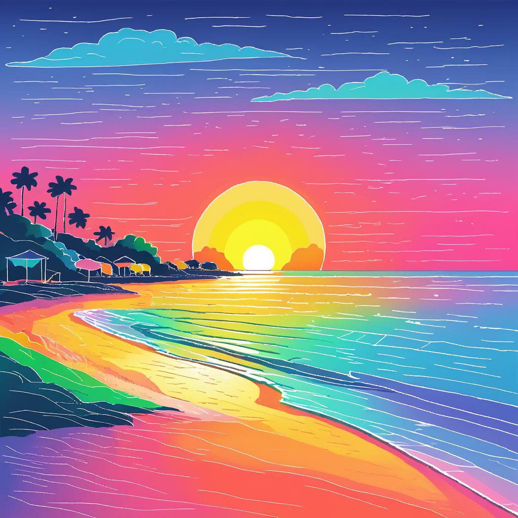 Childish Crayon Beach Sunrise Illustration