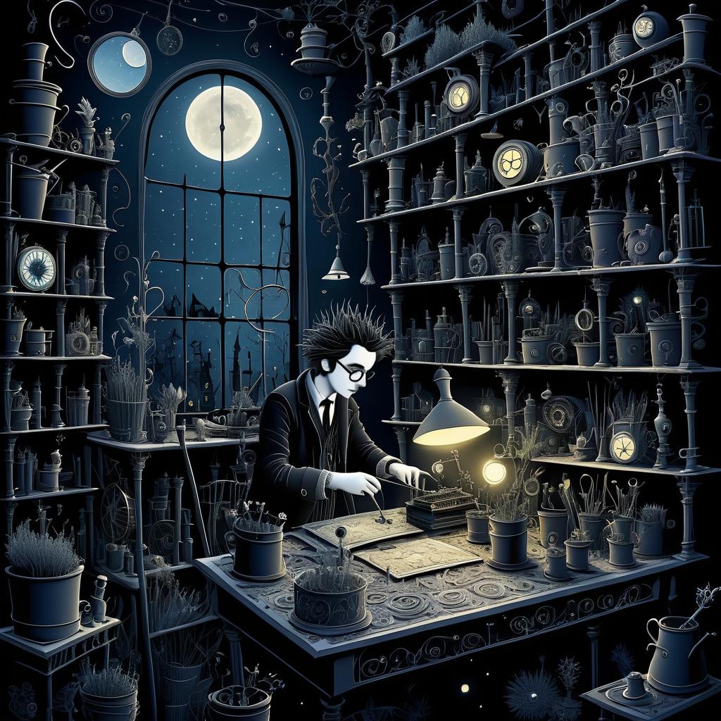 Mysterious Botanist in Tim Burton Style