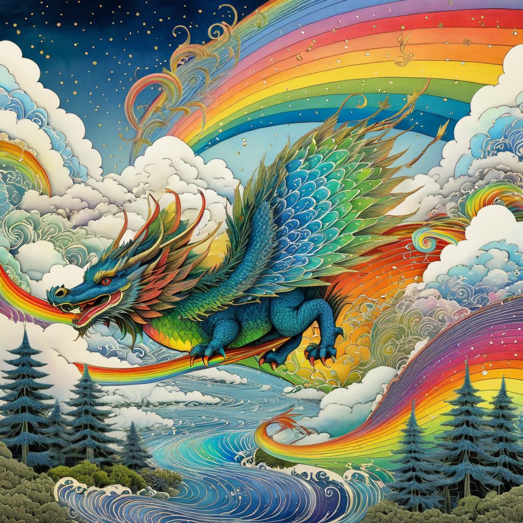 Whimsical Dragon Flying Through Rainbow