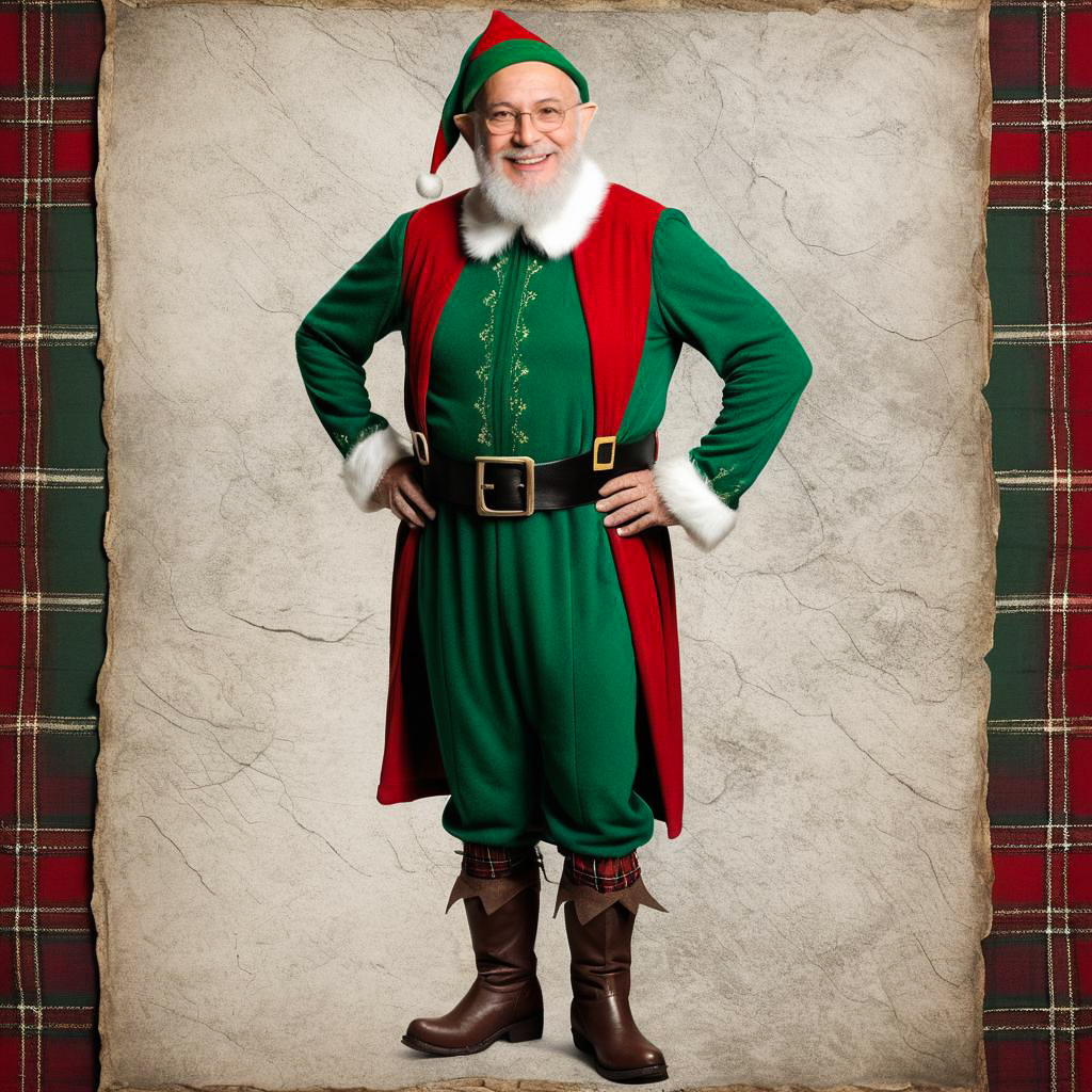 Amused Elderly Man in Elf Costume