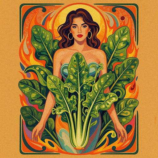 Digital art of a red-lipped woman with wavy brown hair, hoop earrings, and strapless top, surrounded by vibrant green leaves and fiery orange