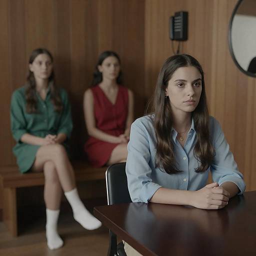 Three Women in a Wood-paneled Room
