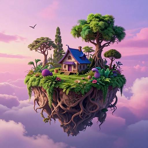 Digital fantasy artwork of a whimsical, wooden cottage floating on a lush, tree-covered island above pink and purple clouds at sunset.