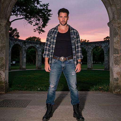 Photograph of a bearded man with short dark hair, wearing a plaid shirt, black tank top, blue jeans, and black boots, standing