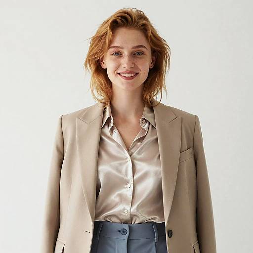 Photograph of a smiling woman with light brown hair wearing a beige blazer and shiny silver blouse against a plain white background.