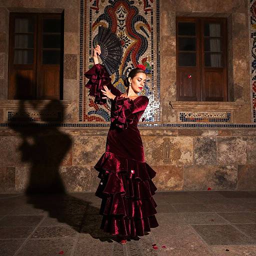 Photograph of a flamenco dancer in a dark red ruffled dress, mid-pose, against a tiled wall with a dragon design, shadowed