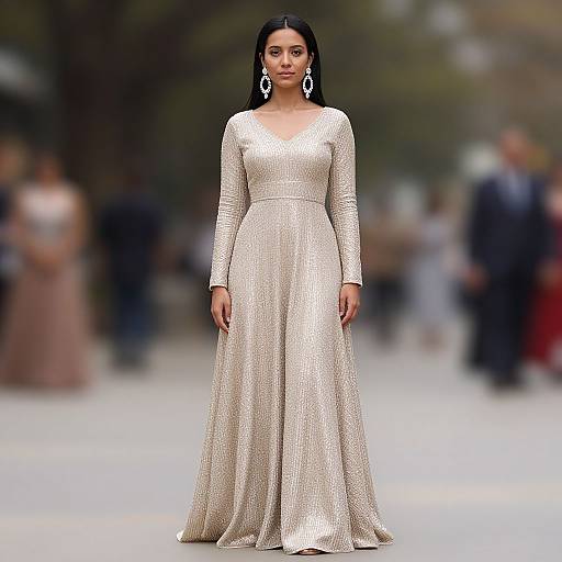 Photograph of a dark-haired woman in a shimmering, long-sleeved, champagne-colored gown with a V-neck, standing confidently on a blurred