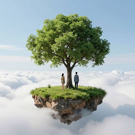 Photorealistic digital art: Two people standing on a floating, grassy island with a large tree, surrounded by fluffy clouds and a clear blue sky