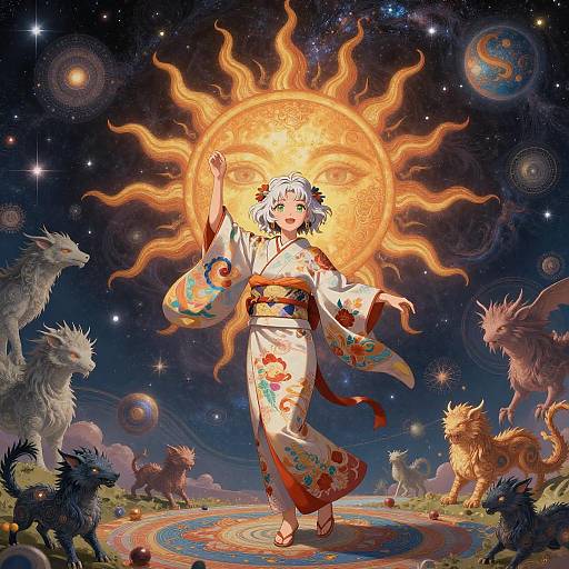 Sun Goddess in Kimono with Mythical Creatures