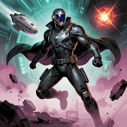 Digital comic art: muscular, armored superhero with blue visor, black suit, and cape, surrounded by explosive debris and floating drone, with bright,