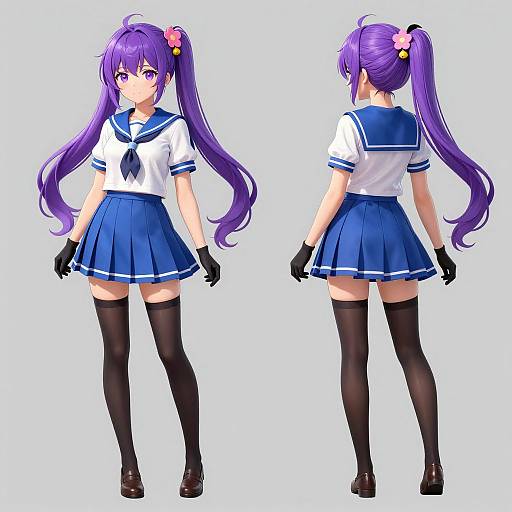 Digital anime-style drawing of a purple-haired girl in a blue sailor uniform, black gloves, and thigh-high socks, shown front and back.