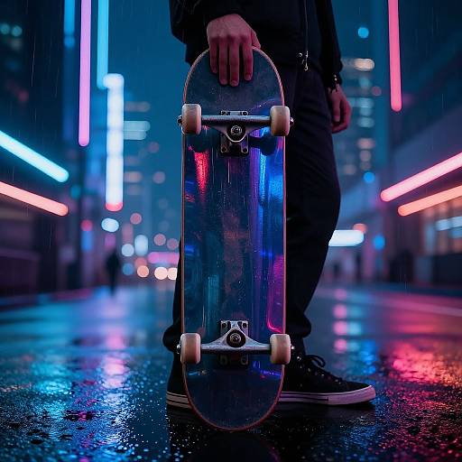 Photograph of a person holding a neon-lit, rain-soaked skateboard in a neon-lit, urban street at night, with colorful reflections on