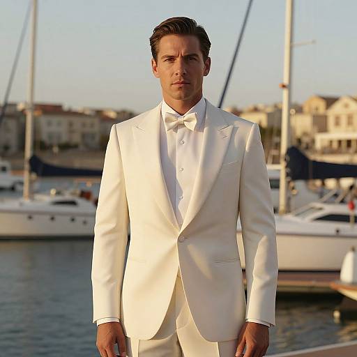 Photograph of a handsome, dark-haired man in a white tuxedo, standing confidently on a marina dock with yachts and buildings in the