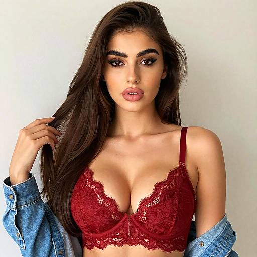 Young Woman in Red Lace and Denim