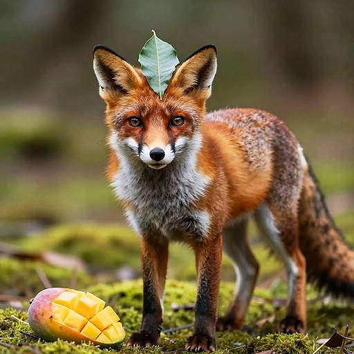 Curious Red Fox with Leaf on Head and Mango