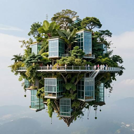 Photorealistic CGI of a futuristic, tree-covered floating island with glass-walled, multi-level buildings and people walking on the upper deck.