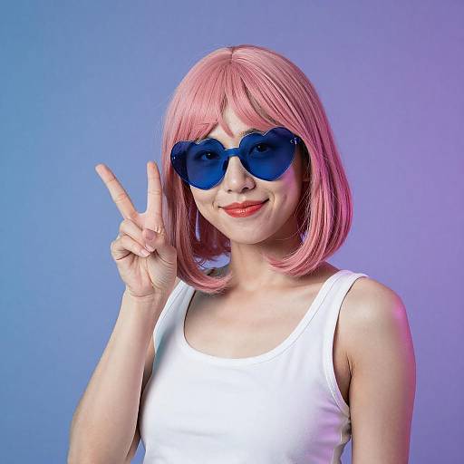 Asian Woman with Pink Hair Peace Sign
