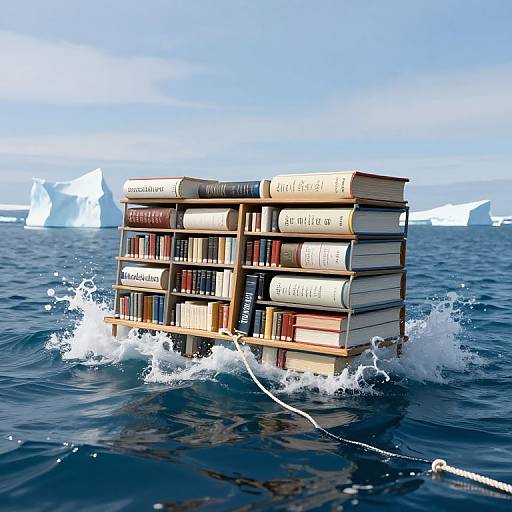 Photograph of a stack of colorful, old books floating in ocean waves with icebergs in the background under a bright blue sky.