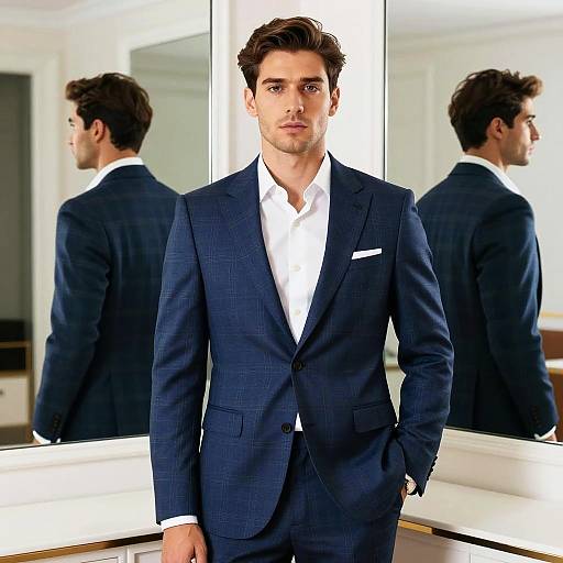 Confident Man in Blue Plaid Suit by Mirrors