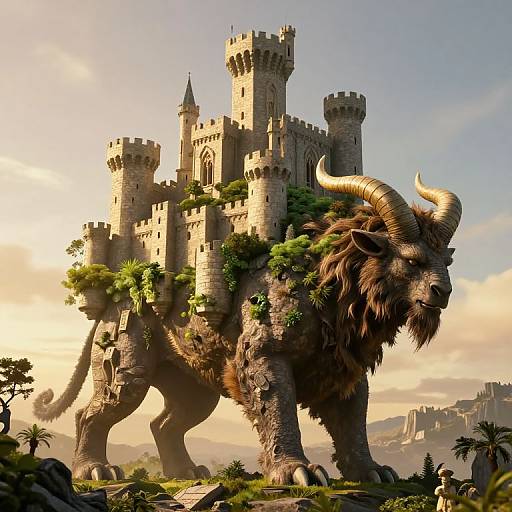 Fantastical CGI of a massive, horned, rocky beast with lush greenery standing before a grand, castle-like stone structure at sunset.