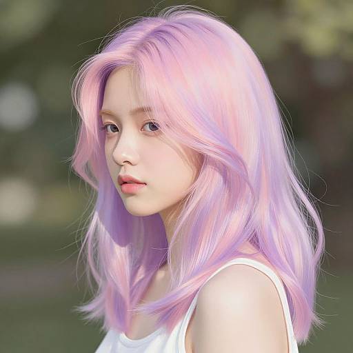 Digital CGI portrait of a young woman with long, pastel pink-purple hair, wearing a white tank top, against a blurred green background.