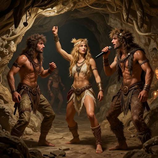 Digital fantasy artwork: Blonde warrior woman in tribal attire stands defiantly between two muscular, fur-cloaked, dark-haired cavemen in a dim cave