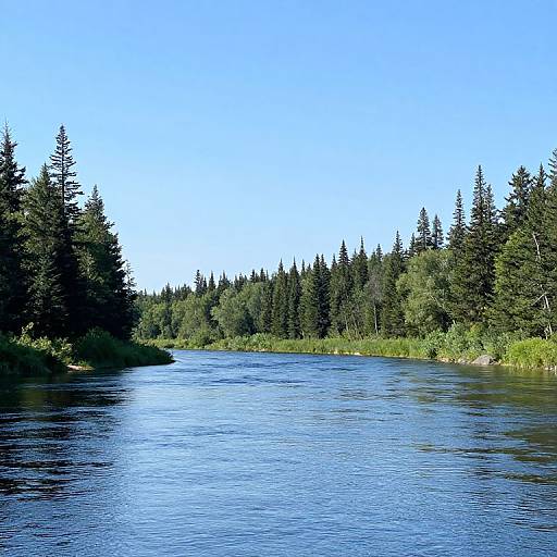 Photograph of a tranquil, blue river bordered by dense, green pine trees under a clear, bright blue sky.