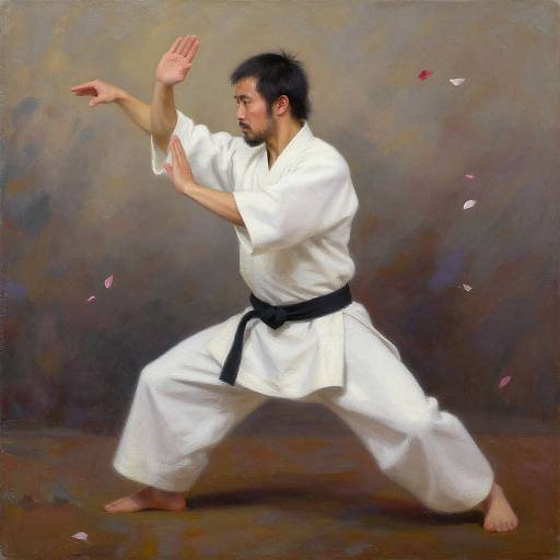 Photorealistic painting of an Asian man in a white martial arts gi and black belt, performing a karate stance with arms raised, against a textured