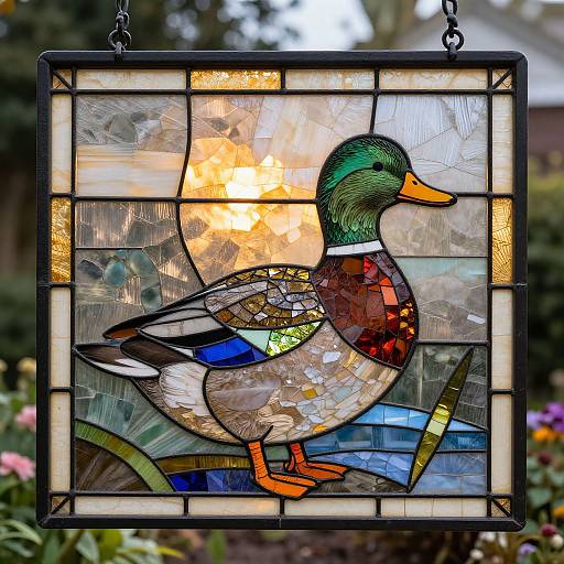 Stained glass artwork of a colorful male duck with iridescent feathers, standing on a blue curved surface, set in a black frame. Background features
