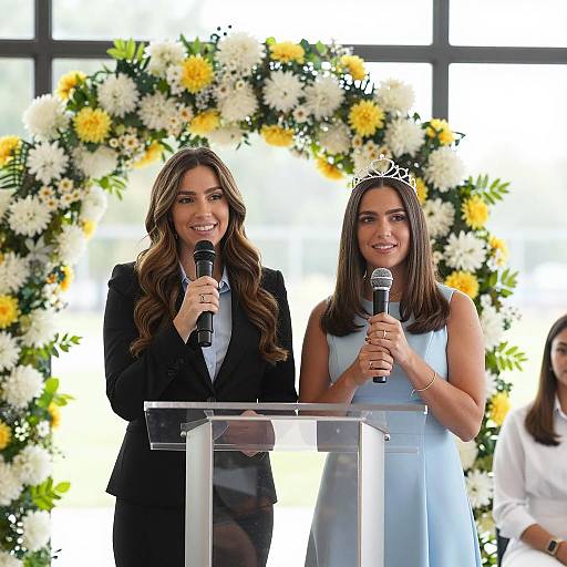 Joyful Women at Floral Podium Event