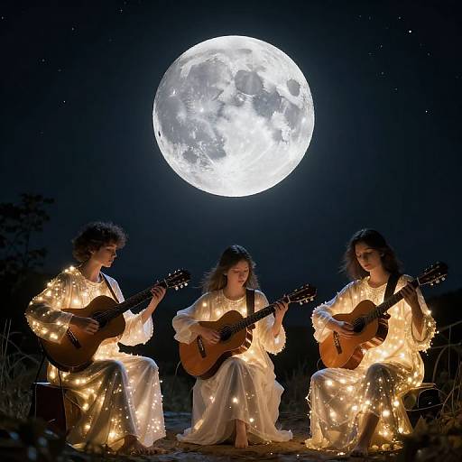 Three musicians in glowing white dresses play acoustic guitars under a bright full moon, surrounded by twinkling fairy lights, in a starry night sky. Photograph