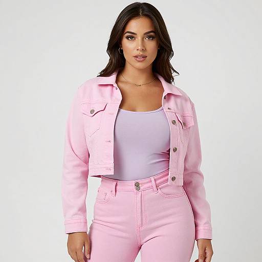 Photograph of a curvy woman with dark hair, wearing a pink jacket, white tank top, and high-waisted pink jeans, against a