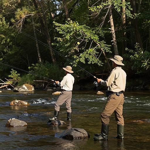 Fishing Duo in Sunlit River Scene
