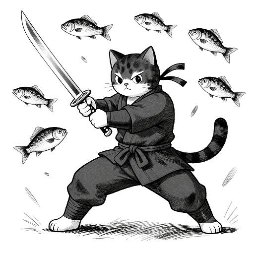 Cross-Hatched Ninja Cat Slicing Flying Fish