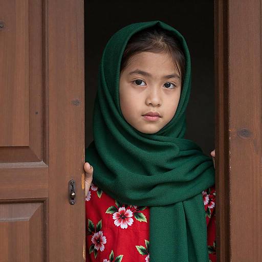 Young Asian Girl Gazing Through Door
