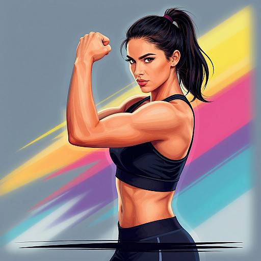Digital illustration of a muscular, tan-skinned woman with black hair in a ponytail, flexing her bicep in a black sports bra,